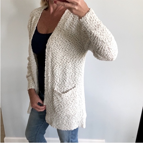 Off White Popcorn Texture Open Cardigan - Picture 3 of 9